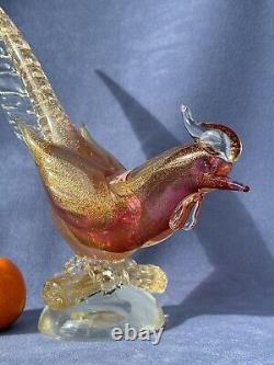 Archimede Seguso Murano Art Glass Pink Gold Aventurine Bird Pheasant on branch
