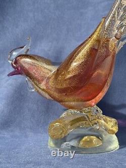 Archimede Seguso Murano Art Glass Pink Gold Aventurine Bird Pheasant on branch