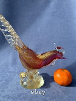 Archimede Seguso Murano Art Glass Pink Gold Aventurine Bird Pheasant on branch