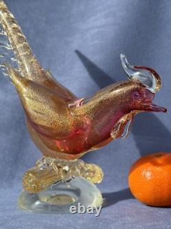 Archimede Seguso Murano Art Glass Pink Gold Aventurine Bird Pheasant on branch