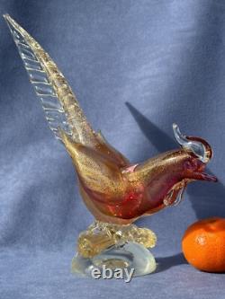 Archimede Seguso Murano Art Glass Pink Gold Aventurine Bird Pheasant on branch
