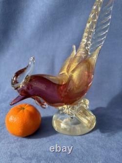 Archimede Seguso Murano Art Glass Pink Gold Aventurine Bird Pheasant on branch