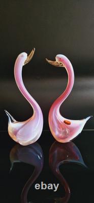 Archimede Seguso Murano Glass Pink Opaline Birds With Gold Leaves