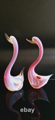 Archimede Seguso Murano Glass Pink Opaline Birds With Gold Leaves