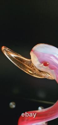 Archimede Seguso Murano Glass Pink Opaline Birds With Gold Leaves