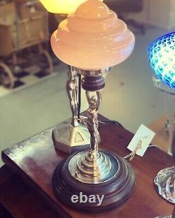 Art Deco 1930's Diana Lamp With Plinth Base & Pink Glass Empire Glass Shade