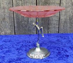 Art Deco 1930s Salmon Pink Glass Fruit Bowl On Chrome Figurine And Base