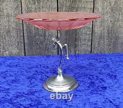 Art Deco 1930s Salmon Pink Glass Fruit Bowl On Chrome Figurine and Base
