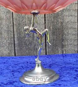 Art Deco 1930s Salmon Pink Glass Fruit Bowl On Chrome Figurine and Base