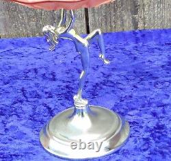 Art Deco 1930s Salmon Pink Glass Fruit Bowl On Chrome Figurine and Base
