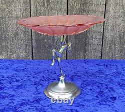 Art Deco 1930s Salmon Pink Glass Fruit Bowl On Chrome Figurine and Base