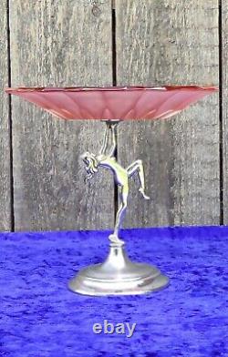 Art Deco 1930s Salmon Pink Glass Fruit Bowl On Chrome Figurine and Base