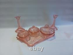 Art Deco Bagley Pink Glass Vanity Set