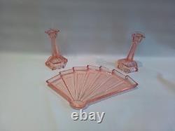 Art Deco Bagley Pink Glass Vanity Set
