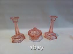 Art Deco Bagley Pink Glass Vanity Set