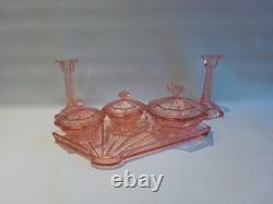 Art Deco Bagley Pink Glass Vanity Set