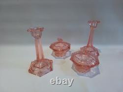 Art Deco Bagley Pink Glass Vanity Set