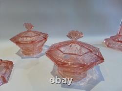 Art Deco Bagley Pink Glass Vanity Set
