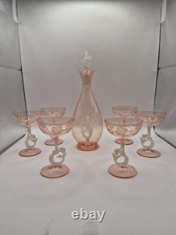 Art Deco Bimini Glass Mermaid Decanter Set Pink UV Glowing Selenium Lauscha 7pc