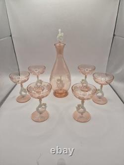 Art Deco Bimini Glass Mermaid Decanter Set Pink UV Glowing Selenium Lauscha 7pc