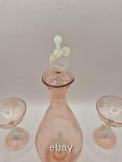 Art Deco Bimini Glass Mermaid Decanter Set Pink UV Glowing Selenium Lauscha 7pc