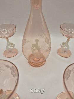 Art Deco Bimini Glass Mermaid Decanter Set Pink UV Glowing Selenium Lauscha 7pc