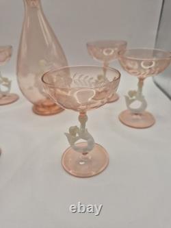 Art Deco Bimini Glass Mermaid Decanter Set Pink UV Glowing Selenium Lauscha 7pc