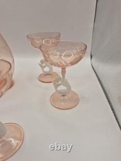 Art Deco Bimini Glass Mermaid Decanter Set Pink UV Glowing Selenium Lauscha 7pc