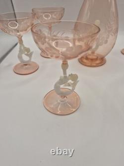 Art Deco Bimini Glass Mermaid Decanter Set Pink UV Glowing Selenium Lauscha 7pc