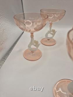 Art Deco Bimini Glass Mermaid Decanter Set Pink UV Glowing Selenium Lauscha 7pc