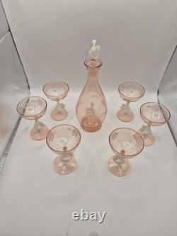 Art Deco Bimini Glass Mermaid Decanter Set Pink UV Glowing Selenium Lauscha 7pc