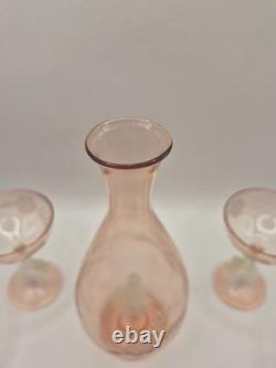 Art Deco Bimini Glass Mermaid Decanter Set Pink UV Glowing Selenium Lauscha 7pc