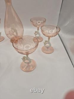 Art Deco Bimini Glass Mermaid Decanter Set Pink UV Glowing Selenium Lauscha 7pc