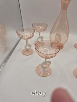 Art Deco Bimini Glass Mermaid Decanter Set Pink UV Glowing Selenium Lauscha 7pc
