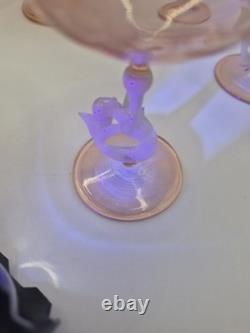 Art Deco Bimini Glass Mermaid Decanter Set Pink UV Glowing Selenium Lauscha 7pc