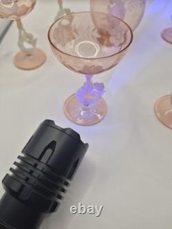 Art Deco Bimini Glass Mermaid Decanter Set Pink UV Glowing Selenium Lauscha 7pc