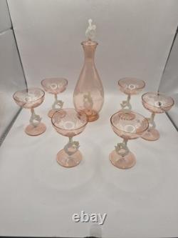 Art Deco Bimini Glass Mermaid Decanter Set Pink UV Glowing Selenium Lauscha 7pc