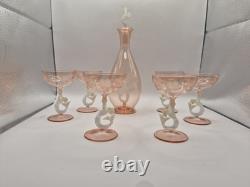 Art Deco Bimini Glass Mermaid Decanter Set Pink UV Glowing Selenium Lauscha 7pc