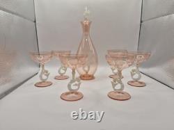 Art Deco Bimini Glass Mermaid Decanter Set Pink UV Glowing Selenium Lauscha 7pc