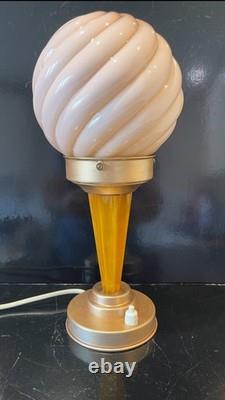 Art Deco Catalin / Bakelite / Phenolic Table Lamp with Pink Swirl Glass Shade