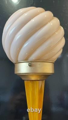Art Deco Catalin / Bakelite / Phenolic Table Lamp with Pink Swirl Glass Shade