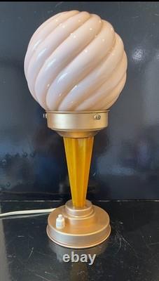 Art Deco Catalin / Bakelite / Phenolic Table Lamp with Pink Swirl Glass Shade
