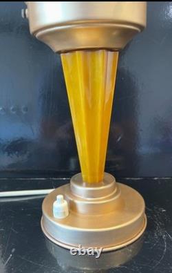 Art Deco Catalin / Bakelite / Phenolic Table Lamp with Pink Swirl Glass Shade