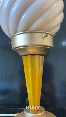 Art Deco Catalin / Bakelite / Phenolic Table Lamp with Pink Swirl Glass Shade