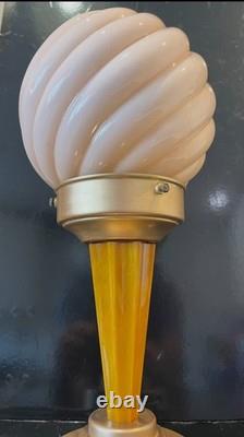 Art Deco Catalin / Bakelite / Phenolic Table Lamp with Pink Swirl Glass Shade