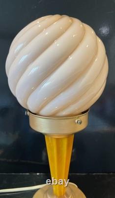 Art Deco Catalin / Bakelite / Phenolic Table Lamp with Pink Swirl Glass Shade