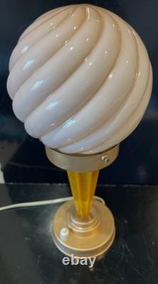 Art Deco Catalin / Bakelite / Phenolic Table Lamp with Pink Swirl Glass Shade