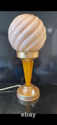 Art Deco Catalin / Bakelite / Phenolic Table Lamp with Pink Swirl Glass Shade