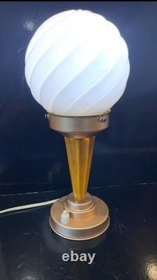Art Deco Catalin / Bakelite / Phenolic Table Lamp with Pink Swirl Glass Shade