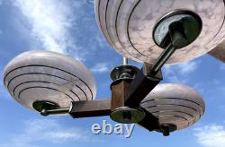 Art Deco Ceing Light Chandalier Pink Glass Modernist Wood 30s 50s MCM Trio